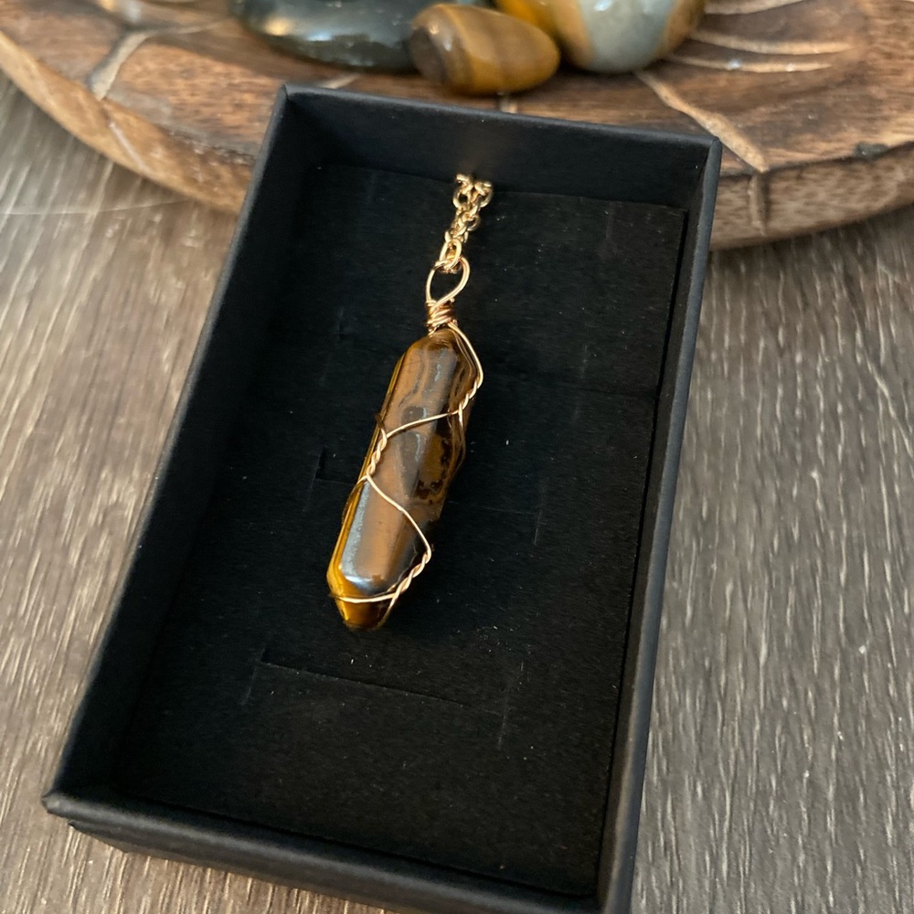Gold Tiger Eye Wire-Wrapped Pendant Necklace